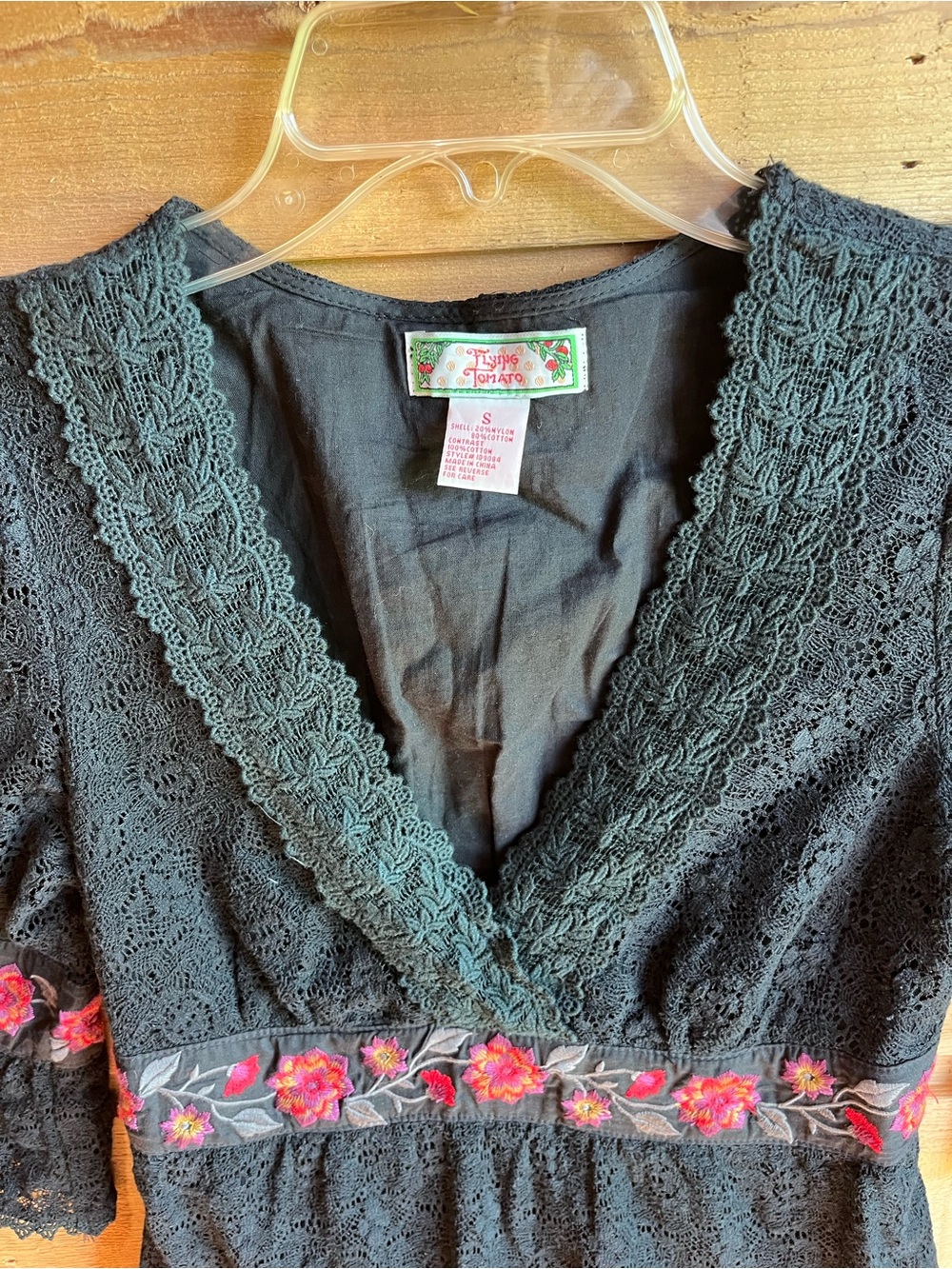 FLYING TOMATO - Boho Black Lace Mini Dress with Pink Floral Embroidery - Picture 8 of 10